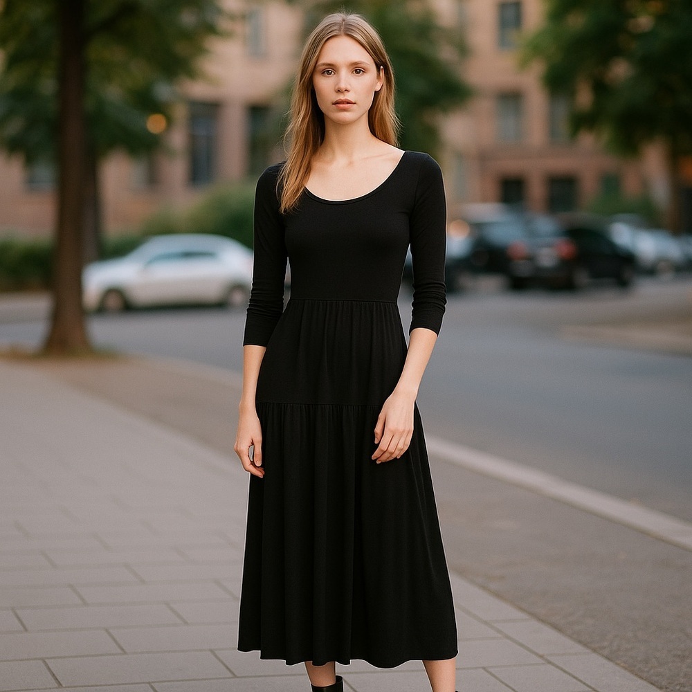 Dual Nature‎ Black Tiered Midi Dress Long Sleeve Minimalist Boho NWOT
